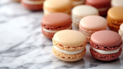 Fototapeta premium Closeup of Colorful Macarons on Marble Surface