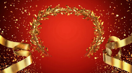 Red background with a golden ribbon and laurel wreath, glittering confetti on the sides of the red backdrop, award ceremony