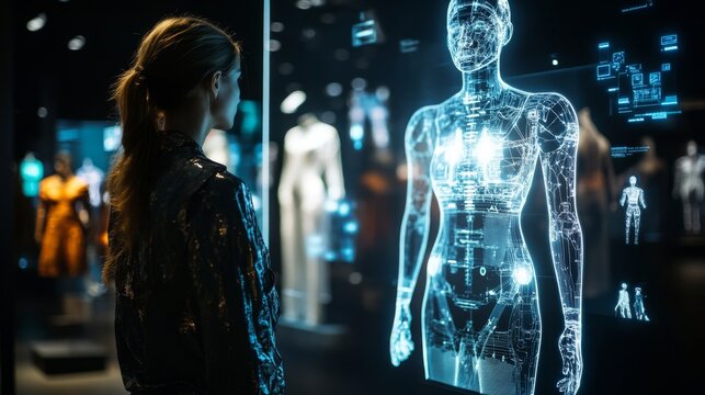 Futuristic AI-enhanced fashion design tools creating customized clothing: Designers collaborating with AI systems to generate unique fashion collections in real-time.