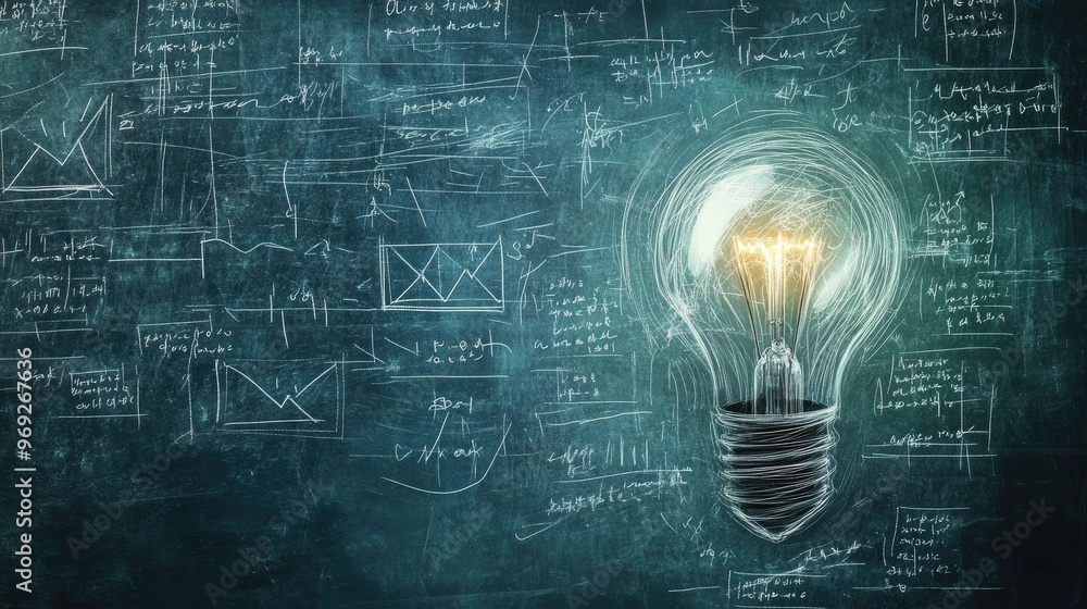 Poster abstract chalkboard background with a lamp sketch and mathematical equations, representing the spark