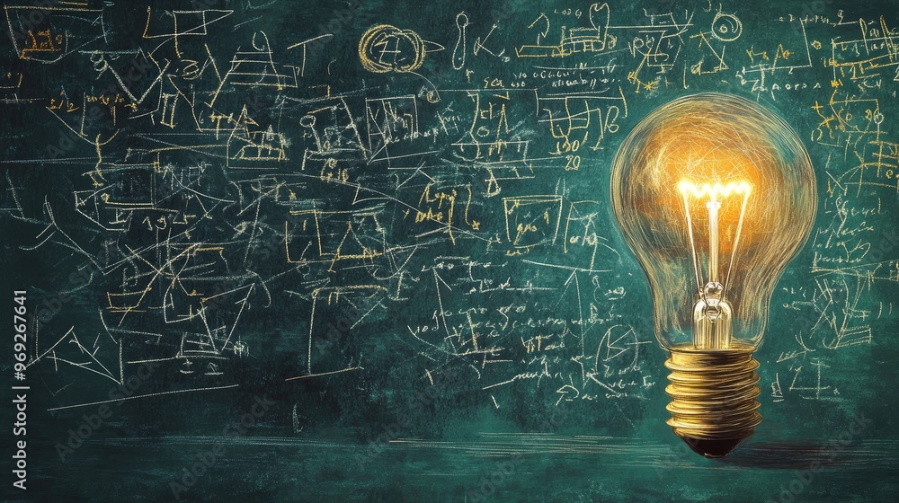 Poster abstract chalkboard background with a lamp sketch and mathematical equations, representing the spark
