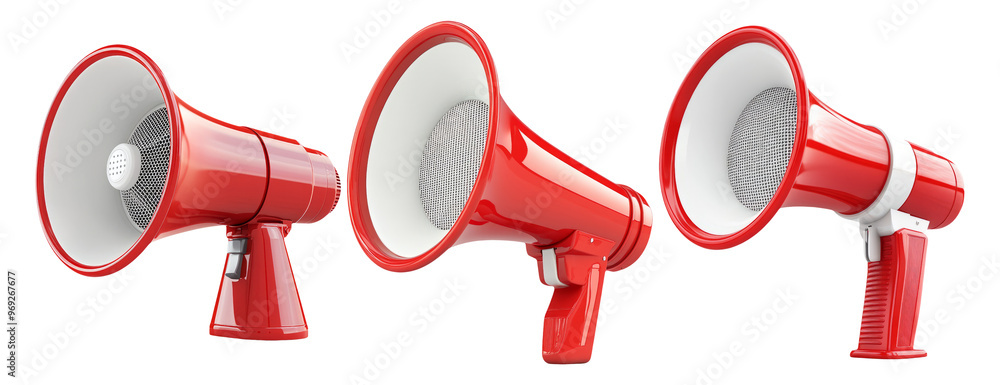 Wall mural three red megaphones isolated on transparent background