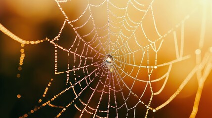 A close-up of a spider web glistening with dew against a soft, warm background.