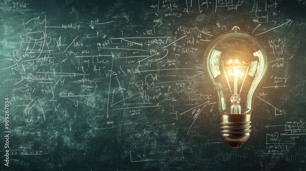 Poster abstract chalkboard background with a lamp sketch and mathematical equations, representing the spark