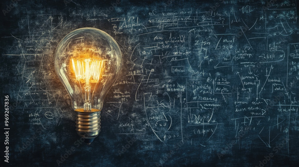 Poster abstract chalkboard background with a lamp sketch and mathematical equations, representing the spark