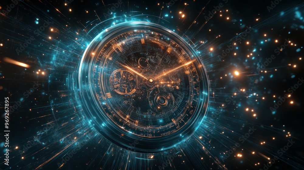 Poster a futuristic clock design surrounded by glowing particles, symbolizing time and technology.