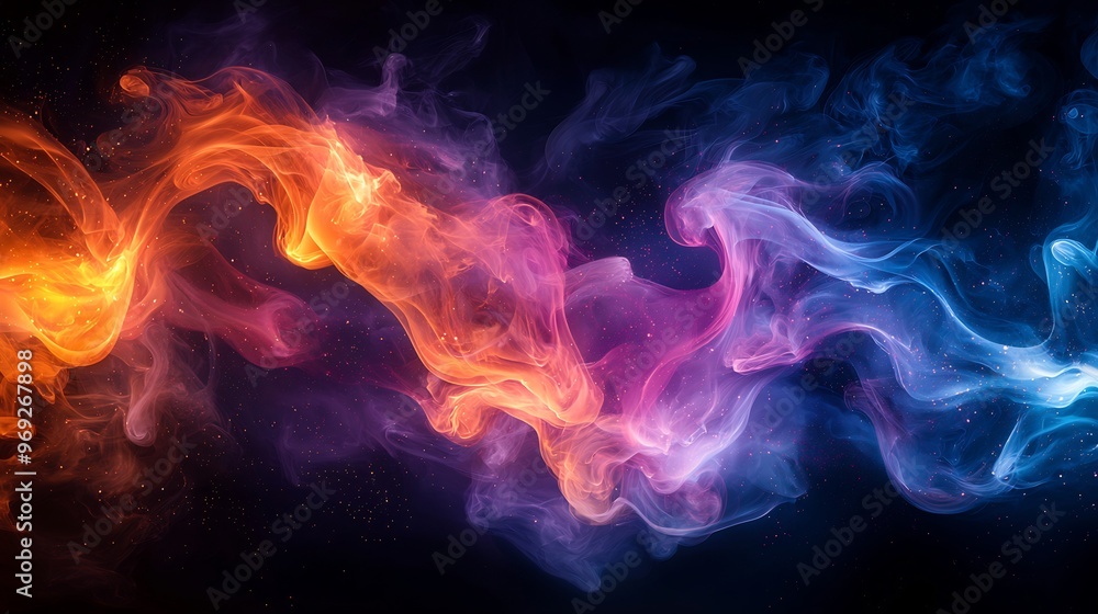 Wall mural semiabstract representation of chemical reactions with swirling neon elements merging and separating