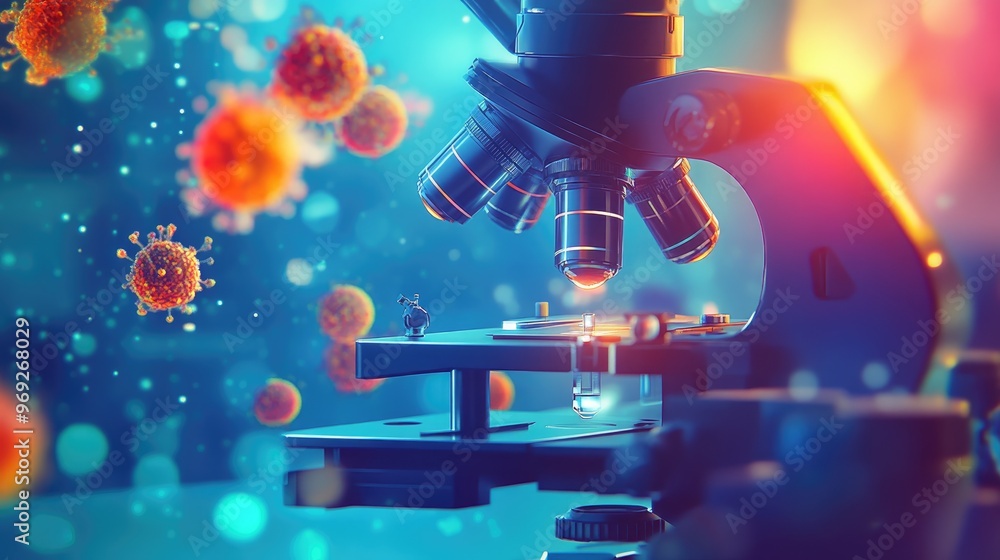 Poster abstract science background featuring a microscope and microbial research in a laboratory, emphasizi