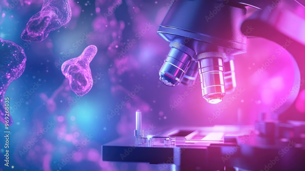 Poster abstract science background featuring a microscope and microbial research in a laboratory, emphasizi