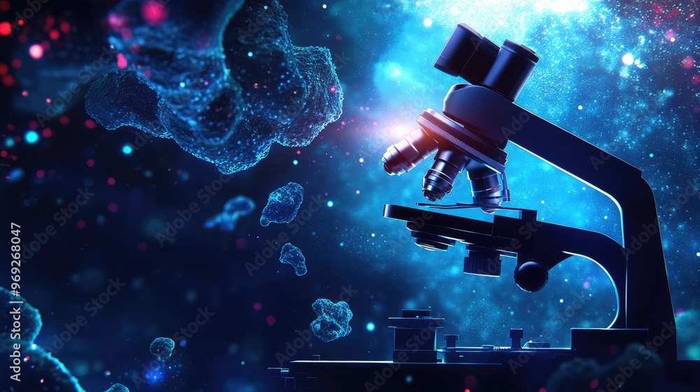 Poster abstract science background featuring a microscope and microbial research in a laboratory, emphasizi