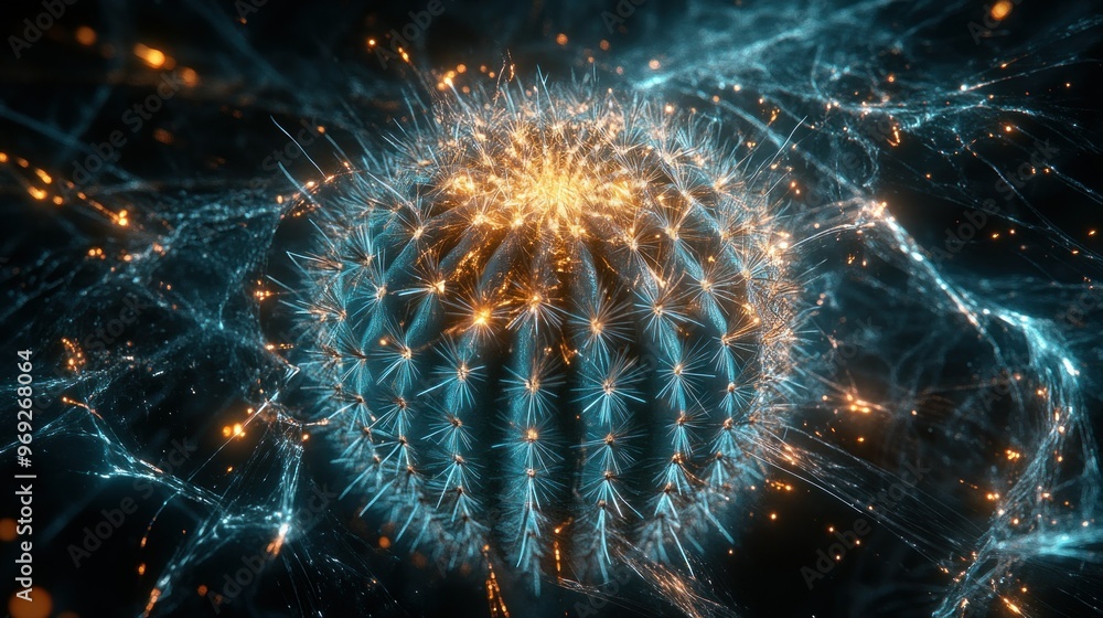 Poster a detailed, abstract representation of a spiky spherical structure with glowing elements.