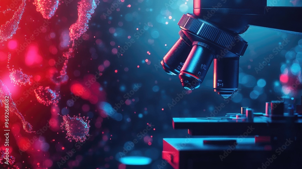 Poster abstract science background featuring a microscope and microbial research in a laboratory, emphasizi