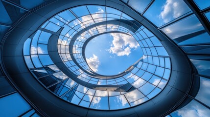 A spiraling glass structure reflecting the sky and clouds above.