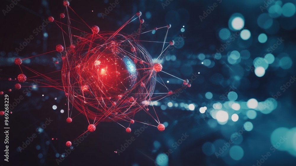 Poster abstract science illustration with a red atom and molecular connections, highlighting the complexity