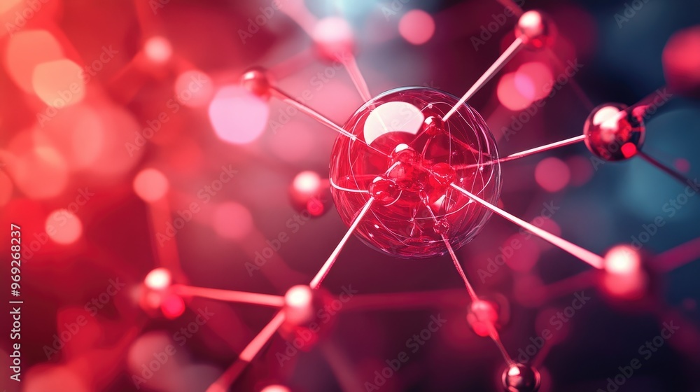 Poster abstract science illustration with a red atom and molecular connections, highlighting the complexity