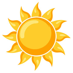 A bright yellow sun with wavy rays, symbolizing warmth and brightness, set against a white background.
