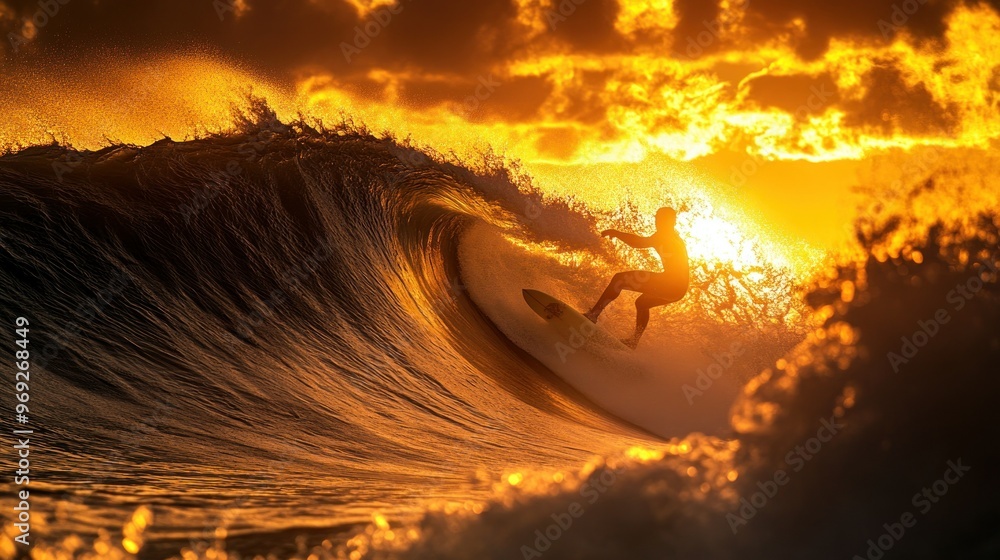 Poster A surfer rides a wave at sunset, capturing the thrill of surfing in a vibrant ocean scene.