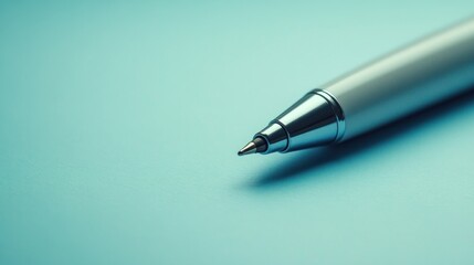 A close-up of a silver pen resting on a smooth blue surface.