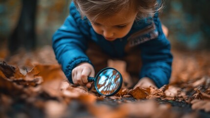 Fototapeta premium A child examines leaves with a magnifying glass, exploring nature's details.