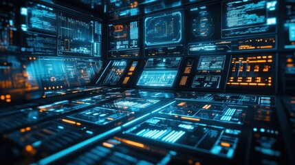 Obraz premium Futuristic control room with glowing screens and data displays.