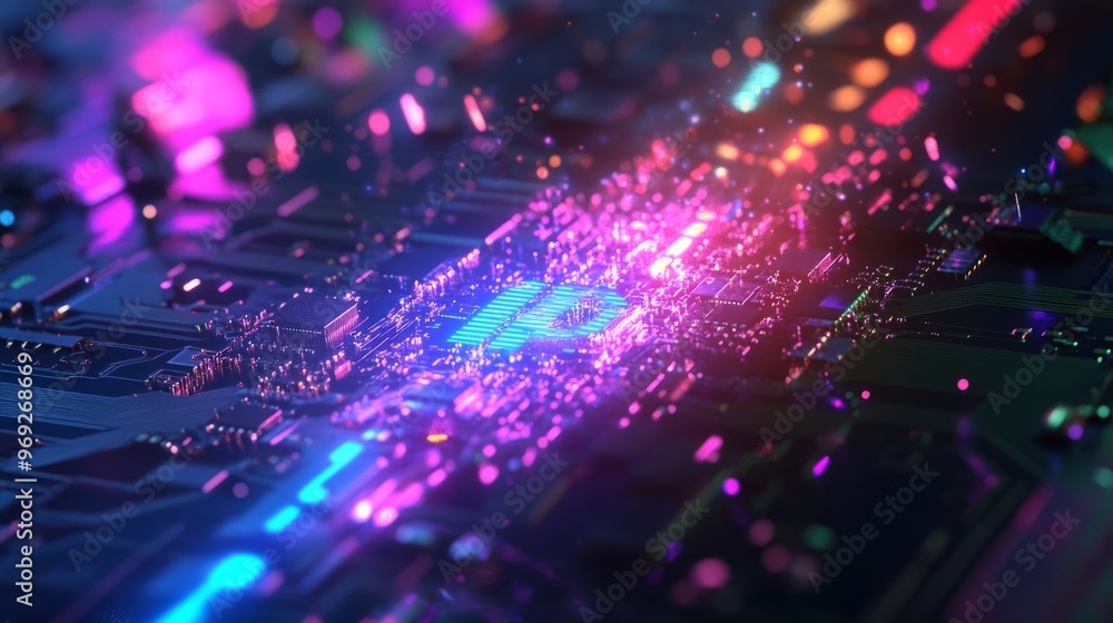 Poster ai word on microchip and colorful light spread with strong beam , ai concept with copyspace banner b