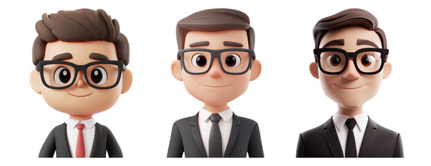 Three cartoon businessmen in suits and glasses on transparent background