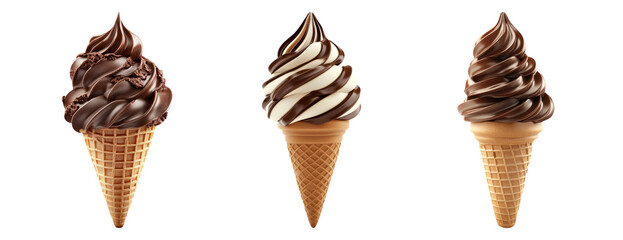Collection of three delicious chocolate and vanilla swirl ice cream cones on transparent background