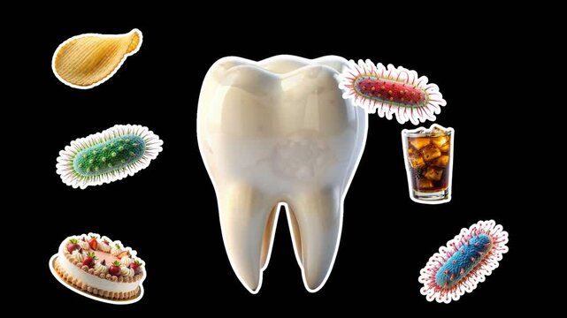 A healthy white human tooth appears, it is attacked by microbes and harmful food, the tooth becomes covered with caries with holes. Dental care concept. Smooth animation on transparent background