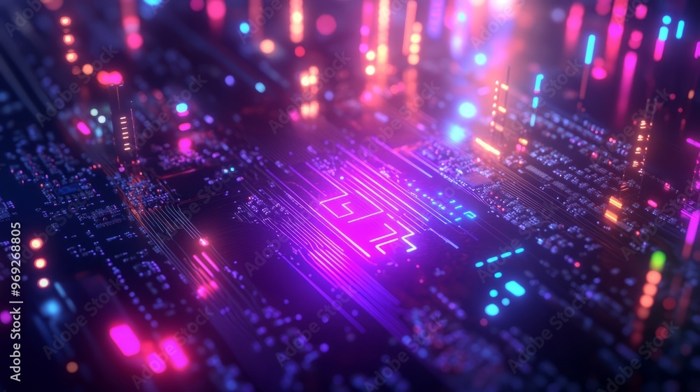 Poster ai word on microchip and colorful light spread with strong beam , ai concept with copyspace banner b