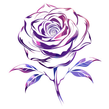 Stylized illustration of a vibrant purple rose with elegantly swirling petals and green leaves against a white background.