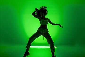 Woman Model Energetic Dance Wear, Plain Neon Green Background, Portrait Shot, Full Body Shot, Vibrant Style