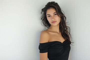 Woman Model Elegant Pose Black Dress, Plain White Background, Portrait Shot, Full Body Shot, Classic Fashion