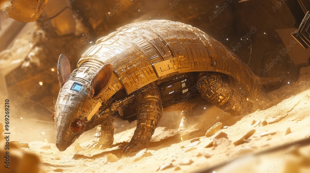 Poster armadillo with a high-tech shield digs through digital sand, discovering a relic of ancient technolo