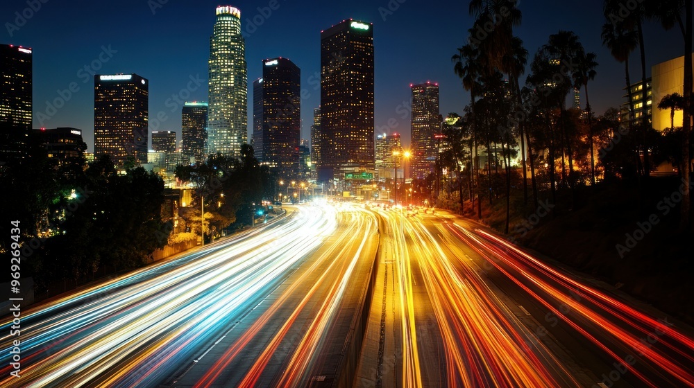 Poster Nighttime cityscape with illuminated skyscrapers and light trails from moving vehicles.