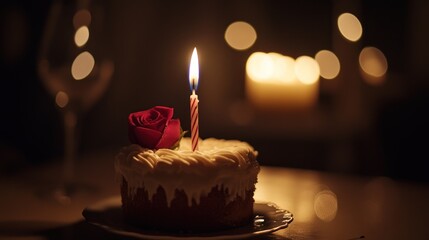 A beautifully decorated cake with a candle and rose, set in a cozy, dimly lit atmosphere.