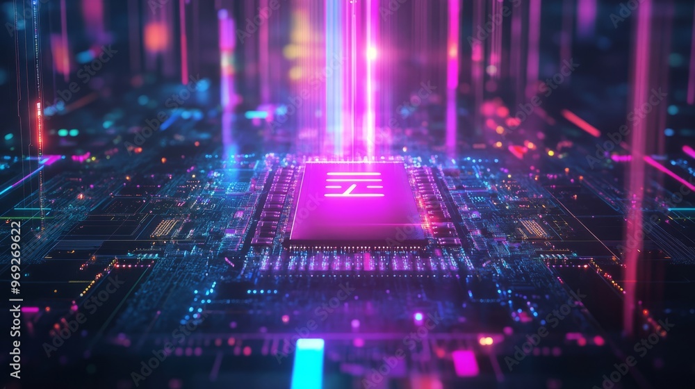 Poster ai word on microchip and colorful light spread with strong beam , ai concept with copyspace banner b