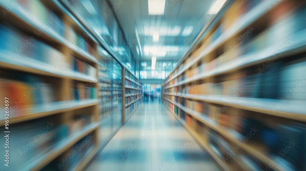 Poster blurred college library interior with bookshelves, creating an abstract and soft academic setting pe