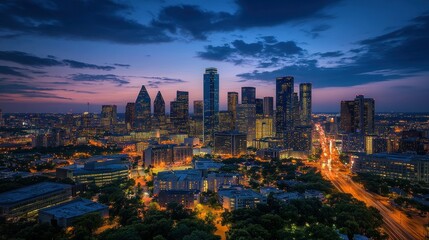 Obraz premium A vibrant city skyline at dusk, showcasing urban architecture and illuminated streets.