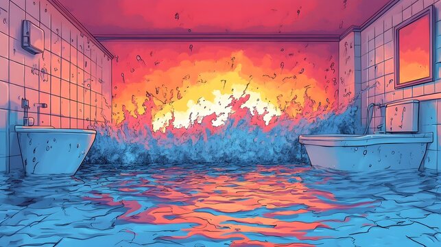 A flooded bathroom with exaggerated water splash, comic book style, vibrant colors, and dramatic shadows, symbolizing the chaos and urgency of filing an insurance claim