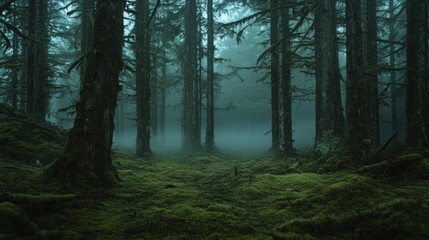 A misty forest scene with tall trees and lush moss-covered ground, evoking a serene atmosphere.