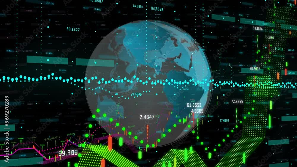 Poster animation of data processing and diagrams over globe