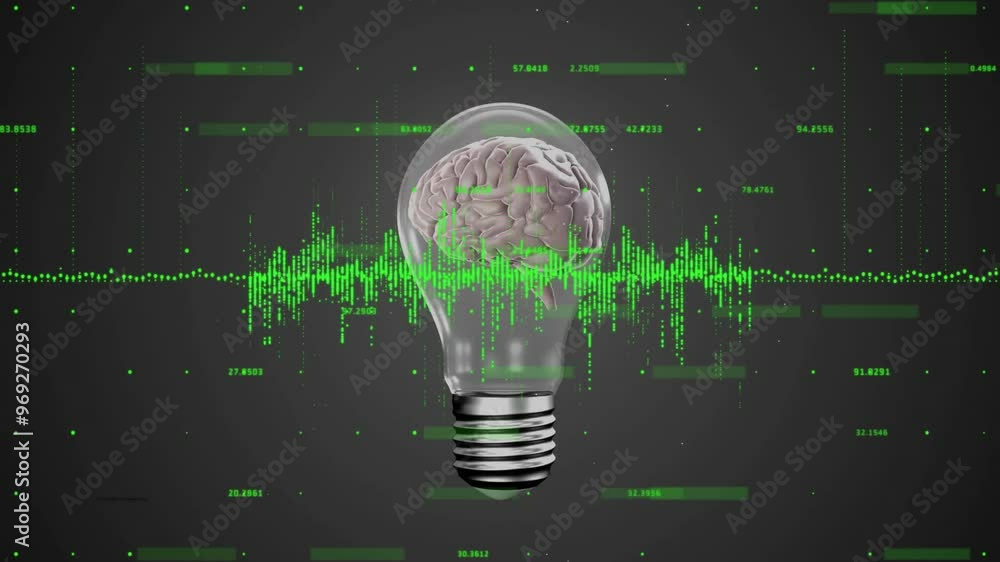 Poster animation of data processing and diagrams over brain in lightbulb