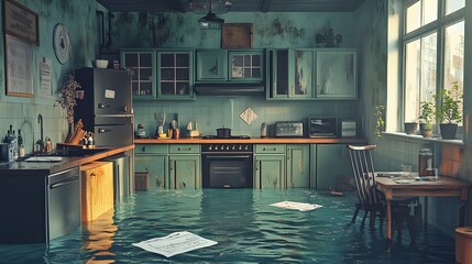 A flooded kitchen with water covering the floor, cabinets soaked and countertops drenched, insurance claim papers on a table, realistic, muted colors, digital painting, detailed splash effects