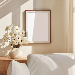 black frame mockup with daisy in the wabi-sabi style minimalist interior design, soft color palette 