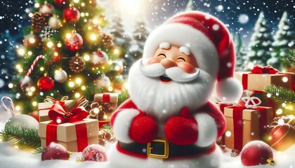 Smiling Santa Claus with Christmas gifts and decorated tree in snowy winter scene. Holiday lights and ornaments in the background. Christmas celebration concept