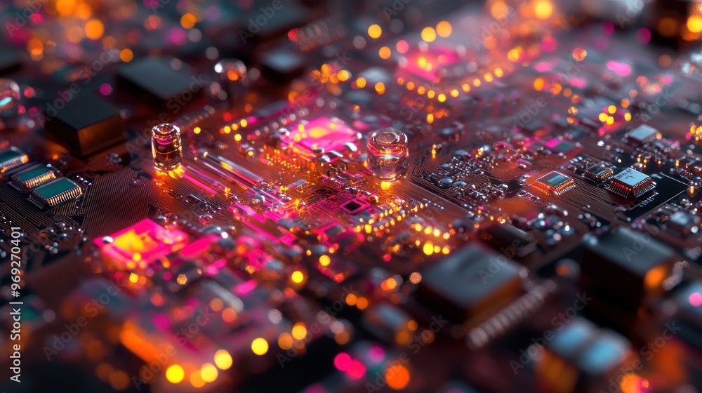 Poster a close-up view of a circuit board with glowing components, showcasing technology and design.
