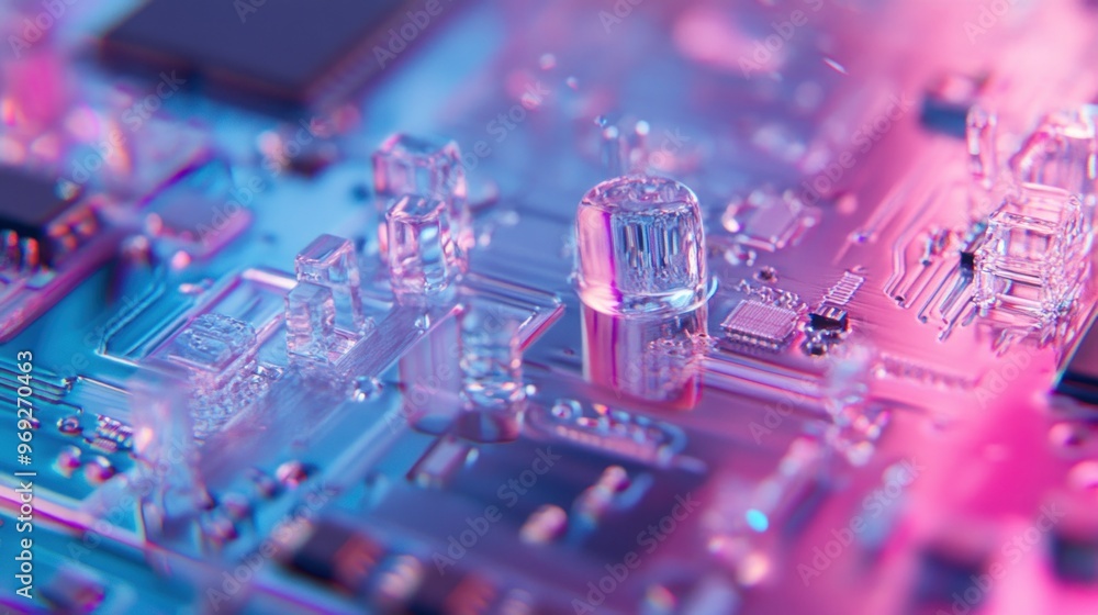 Poster a close-up of a colorful circuit board showcasing electronic components and connections.