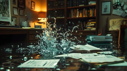 A flooded workspace, with scattered, wet books and paperwork, insurance claim forms prominently displayed, Hyperrealistic, high detail, water splash frozen mid-motion