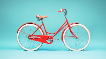 A vintage-style red bicycle with white tires against a blue background.