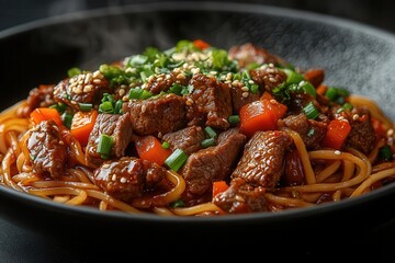 steaming wok of beef and vegetable lo mein glistening with savory sauce and garnished with fresh scallions and sesame seeds